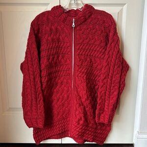 Connemara 100% merino wool chunky fisherman Red Cable Knit Zip-Up Sweater L EUC